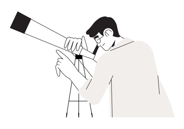 透过望远镜或望远镜观察天空、星星和太空的科学家。搜索、发现、研究的概念。字符与望远镜的标志，标志，用户界面，用户体验，移动应用程序或网页设计。图片下载