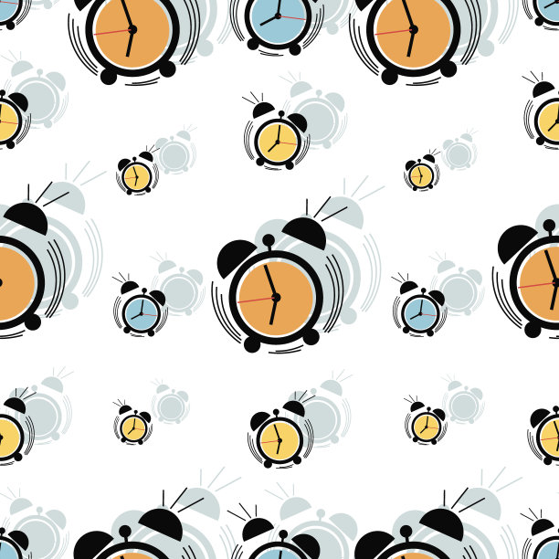 闹钟。向量的背景,模式。五彩缤纷的钟面。发条。简洁的设计模板图片下载