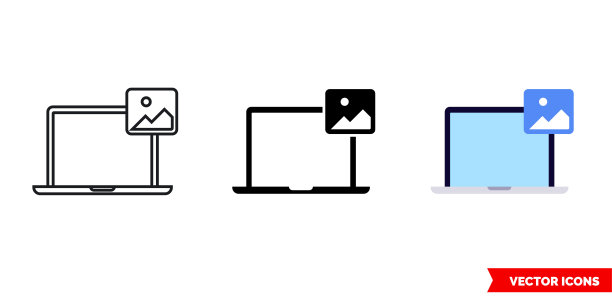 笔记本电脑图片图标3种颜色，黑色和白色，轮廓。孤立向量符号符号图片下载