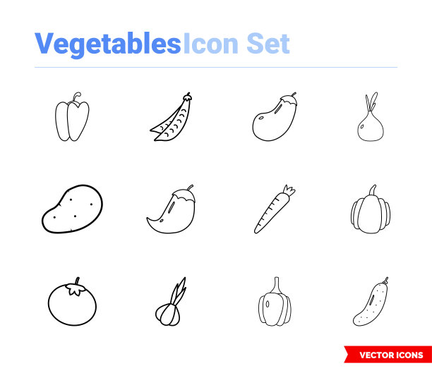 蔬菜图标设置的大纲类型。孤立向量符号符号。图标包图片下载