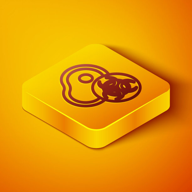 等距线转基因肉类图标孤立在橙色背景。注射器被注射到肉里。黄色正方形按钮。向量图片下载