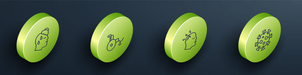 设置等长线人体温度高，轮椅，头痛和病毒图标。向量图片下载