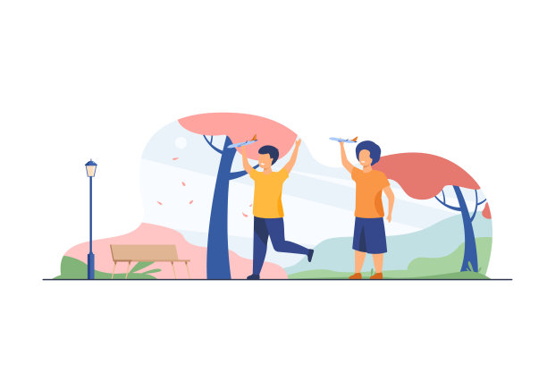 快乐的孩子们在秋季公园玩玩具飞机图片下载