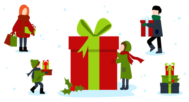 人们拿着一个大礼盒。一群人准备生日礼物、彩带、剪彩。可爱的惊喜。平面向量插图图片下载