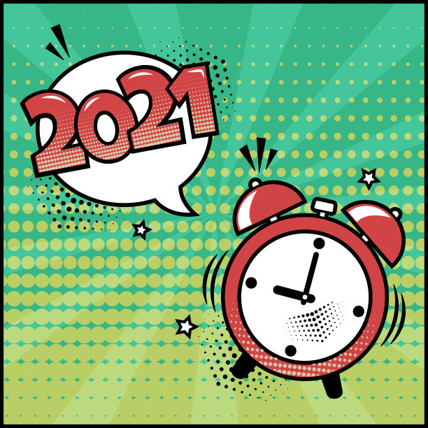 2021年矢量漫画闹钟与讲话气泡。流行艺术风格的喜剧音效、星星和半色调点影。假日插图图片下载