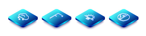 设置等距线云与雪，华氏温度，日出和日食的太阳图标。向量图片下载