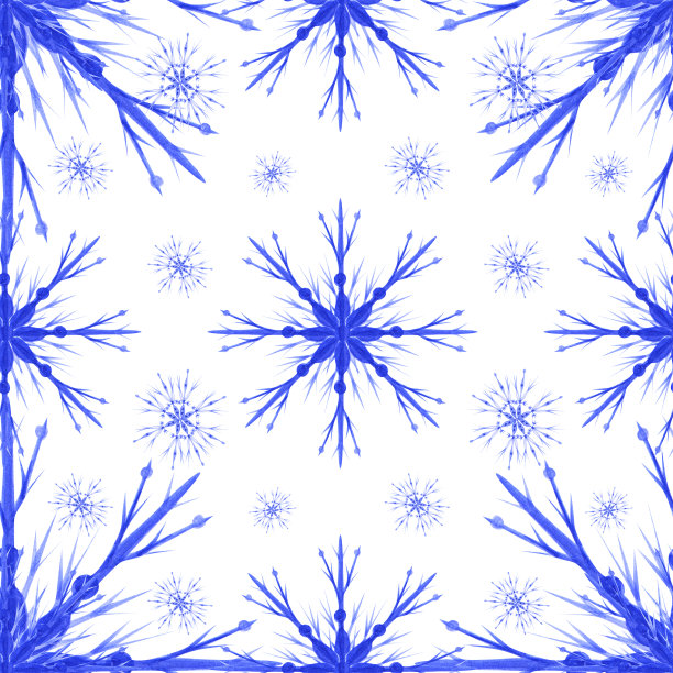 蓝色水彩雪花无缝图案上的白色背景。手绘雪花无尽打印为您的设计。可爱的圣诞插图。冬天的壁纸。图片下载