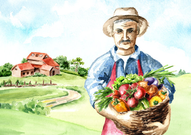 有机农产品。农民手里拿着一篮子蔬菜，背景是农村的一个农场。手绘水彩插图图片下载