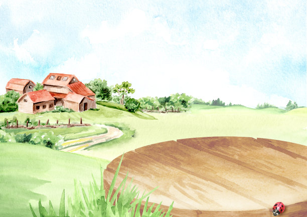 在农村旧农场用空表作为背景和复制空间。水彩手绘插图图片下载