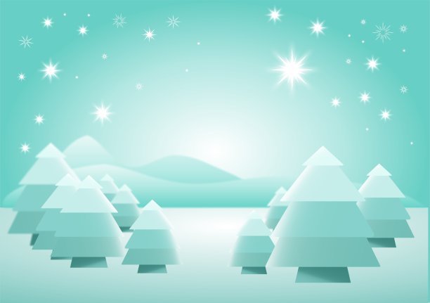 蓝色的圣诞背景。夜晚有松树，山上有星星，天空有灯光。背景图片下载