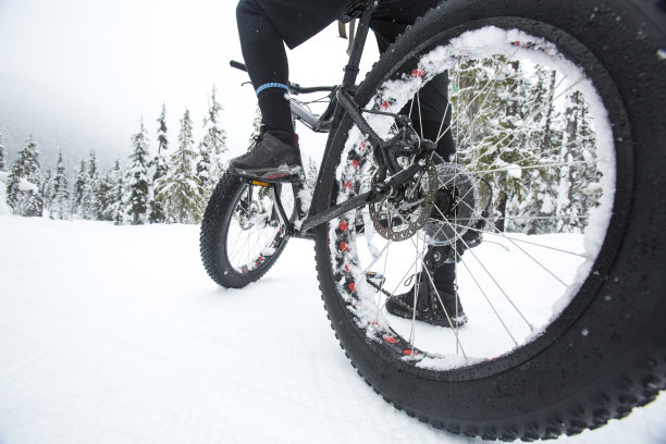 在加拿大惠斯勒的雪地里，一个男人骑着一辆肥胖的自行车图片下载
