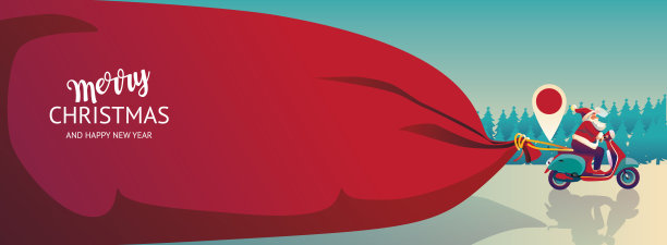 圣诞和新年快乐的概念，圣诞老人快赶晚了公路赛车赛车摩托车与大麻袋与复制空间隔离在全景横幅有趣的圣诞背景图片下载