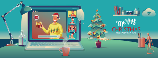 家庭使用视频会议圣诞和快乐新年的概念享受庆祝，装饰，在蓝色背景松树与圣诞祝福树，矢量插图与礼物图片下载