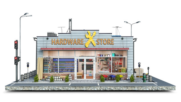 在一块地面上的硬件商店建筑的正面视图，3d插图图片下载