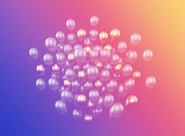 许多飞行闪亮的气球在明亮的彩色背景，3d渲染图片下载
