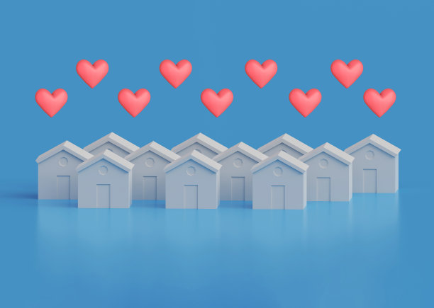 许多白色的房子与心在屋顶，心爱的家庭住宅概念，本地城市，3d插图图片下载