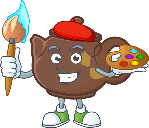 智能茶壶画家吉祥物图标与刷子图片下载