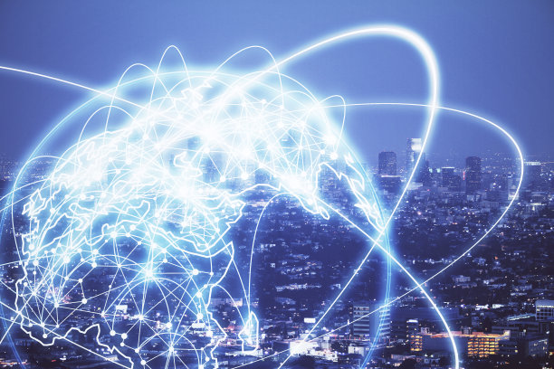 商业主题全息图和城市景观背景双重曝光。成功的概念。图片下载