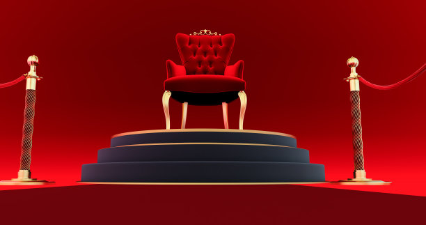 3D渲染的红色皇家椅子。红地毯通往豪华的王座，国王的位置。皇家的宝座,图片下载