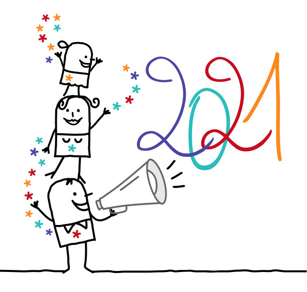 卡通家庭与扩音器和2021标志图片下载