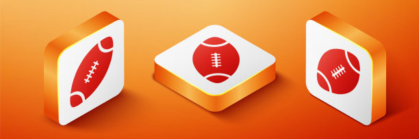 等距美式足球图标孤立在橙色背景。橙色平方按钮。向量图片下载