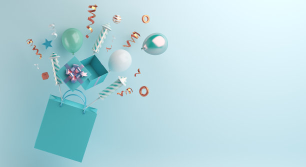 新年快乐2021销售横幅背景购物袋，礼盒，气球，烟花火箭，丝带，3D渲染插图图片下载