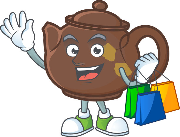 快乐富有的茶壶挥舞着，拿着购物袋图片下载