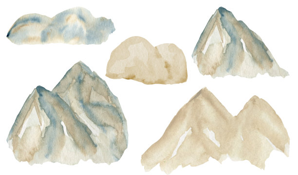高山高山水彩画、插画、冬季野外自然景观、生态山脉剪影孤立栅格手绘图片下载