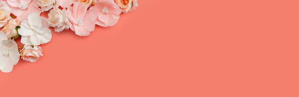 美丽的珊瑚旗帜与鲜花，伟大的设计为任何目的。花卉装饰文本。概念海报设计模板。春天的气味。创造性的概念。时尚复古的风格。图片下载