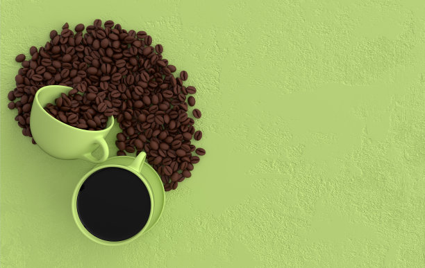咖啡杯和逼真的咖啡豆平铺，3d渲染背景。大量的咖啡豆靠近。图片下载
