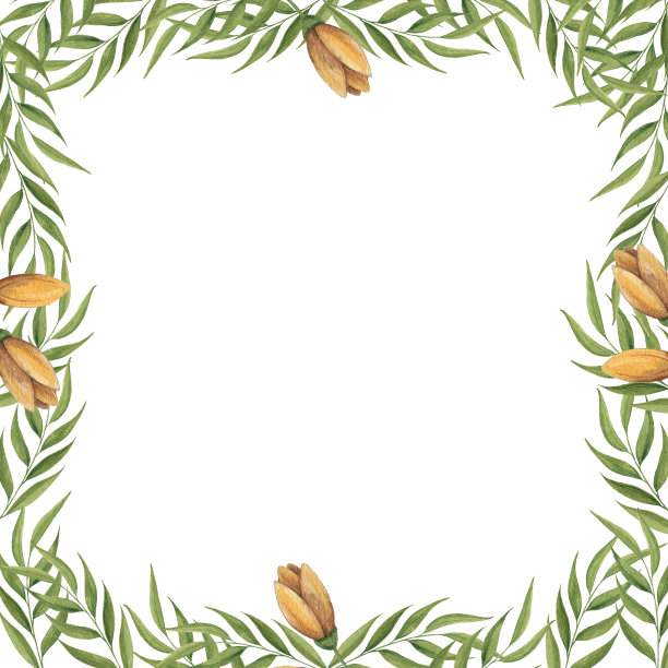 水彩画框，绿色的树叶和小枝，黄色的花。广场的照片。图片下载