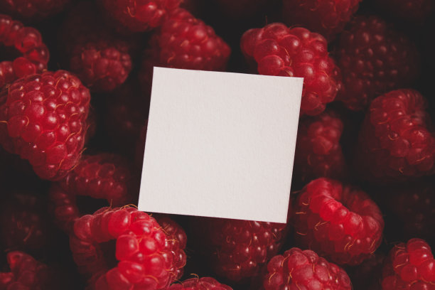 在成熟的大的红色覆盆子背景上写文字的白纸。本空间图片下载