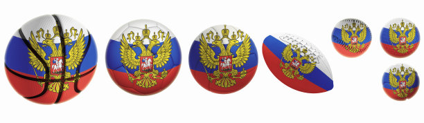 俄罗斯国旗叠加在球上:高尔夫、篮球、排球、足球、网球、橄榄球、棒球孤立在白色背景上。图片下载