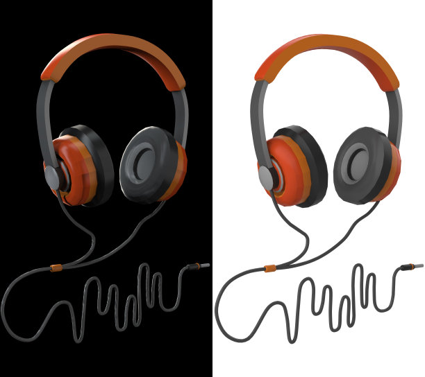 黑色和灰色耳机与电缆和插孔对角线视图黑白变化3d渲染图片下载