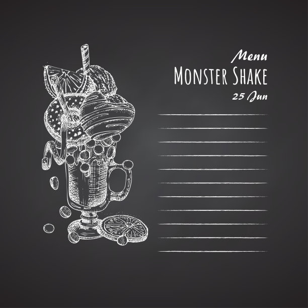 怪兽摇甜品菜单，黑板背景。巧克力，甜甜圈，冰淇淋，糖果，饼干，棉花糖设计用于餐厅，咖啡厅，酒吧图片下载