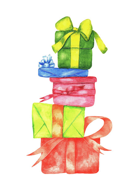 一堆礼物，水彩画图片下载