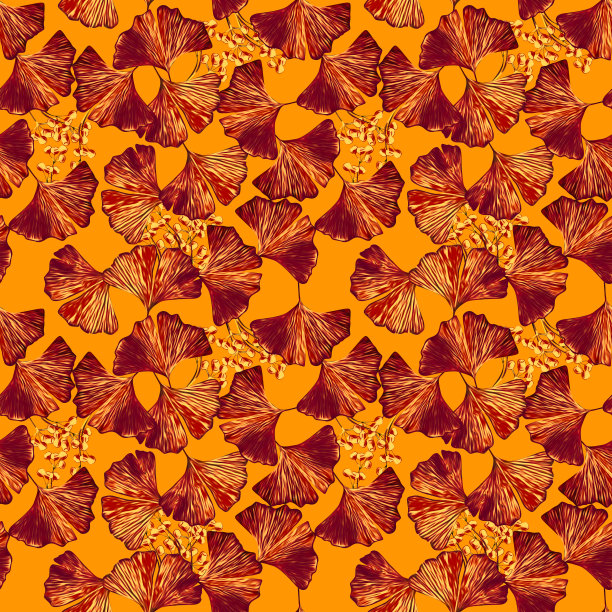 银杏叶有果实的无缝图案。图片下载