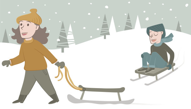 两个孩子在雪地里玩他们的雪橇图片下载