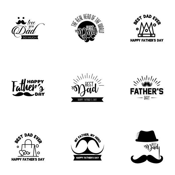 快乐的父亲节设置9黑色排版复古图片下载