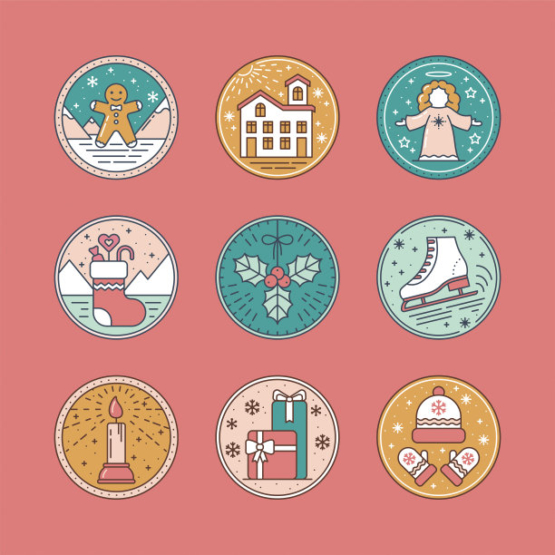 圣诞卡通图标集与生姜，雪房子，天使，袜子，槲寄生，滑冰，礼物，帽子，手套和蜡烛在平面风格。为新年，假日，圣诞节元素集合矢量插图图片下载