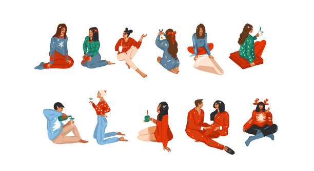 手绘矢量抽象欢乐股票平圣诞快乐，和新年快乐卡通节日卡片与可爱的插图圣诞坐人集合集捆绑孤立在白色背景图片下载