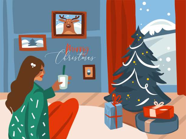 手绘矢量抽象股票平面圣诞快乐，和新年快乐的卡通插图大装饰圣诞树和女性喝可可在度假家庭内部孤立的颜色背景图片下载