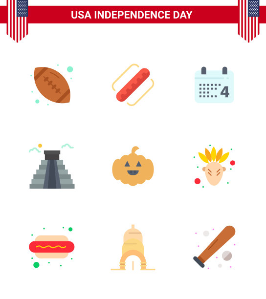 美国独立日的9个平坦标志图片下载