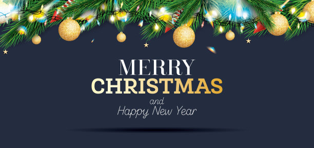 冷杉枝与霓虹灯和金球。圣诞装饰与彩色闪烁。图片下载