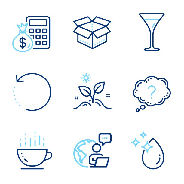 业务图标集。包括图标为问号，金融计算器，水滴标志。向量图片下载