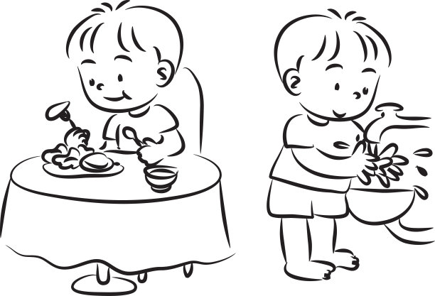 矢量卡通男孩吃饭前要洗手图片下载