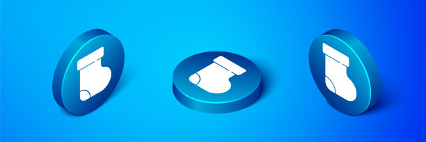 等距婴儿袜子衣服图标孤立在蓝色背景。蓝色圆按钮。向量图片下载