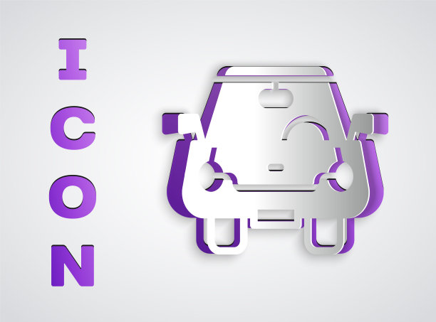 剪纸汽车图标孤立的灰色背景。前视图。纸艺术风格。向量图片下载