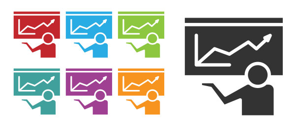 黑色训练，演示图标孤立在白色背景上。设置图标丰富多彩。向量图片下载