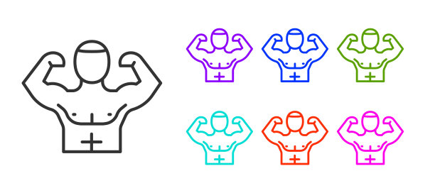 黑线健美者显示他的肌肉图标孤立在白色背景。适合健身强度健康爱好概念。设置图标丰富多彩。向量图片下载